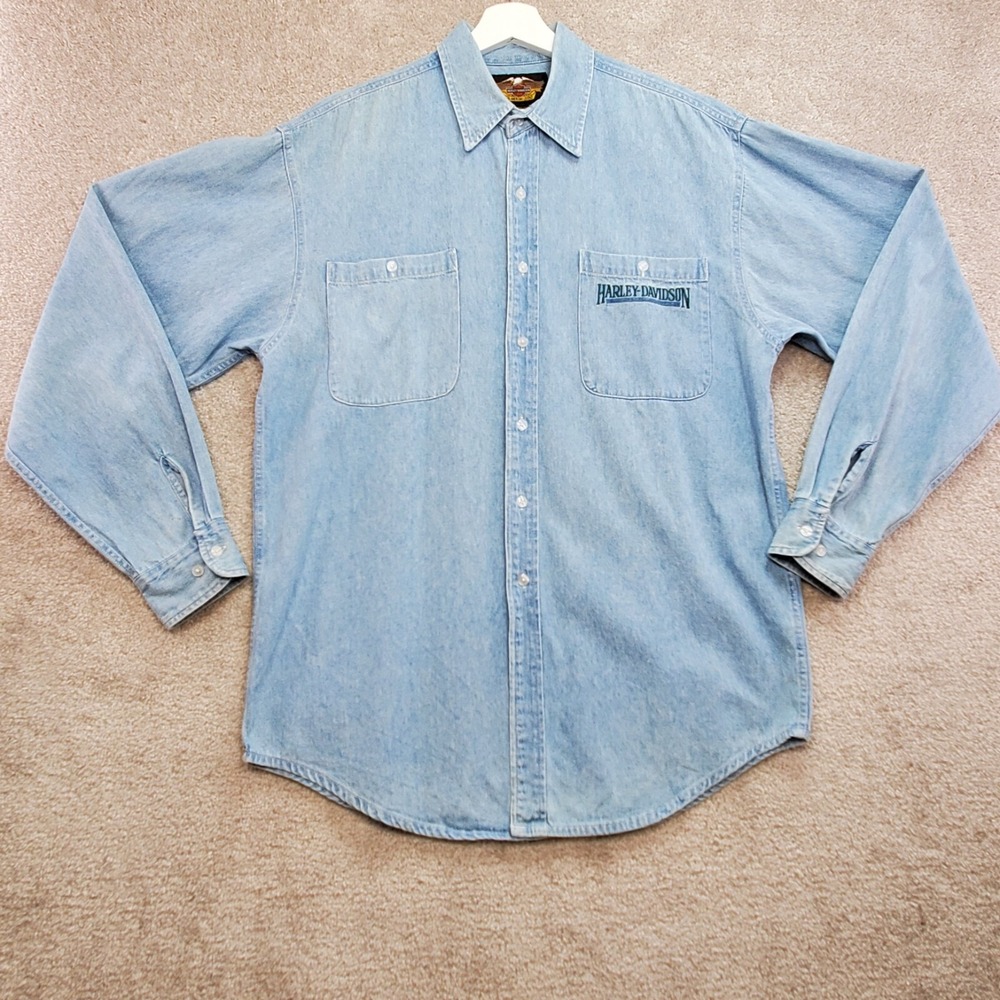 Vintage Harley Davidson Shirt Men's L Blue Denim Cotton Long Sleeve Button-Down